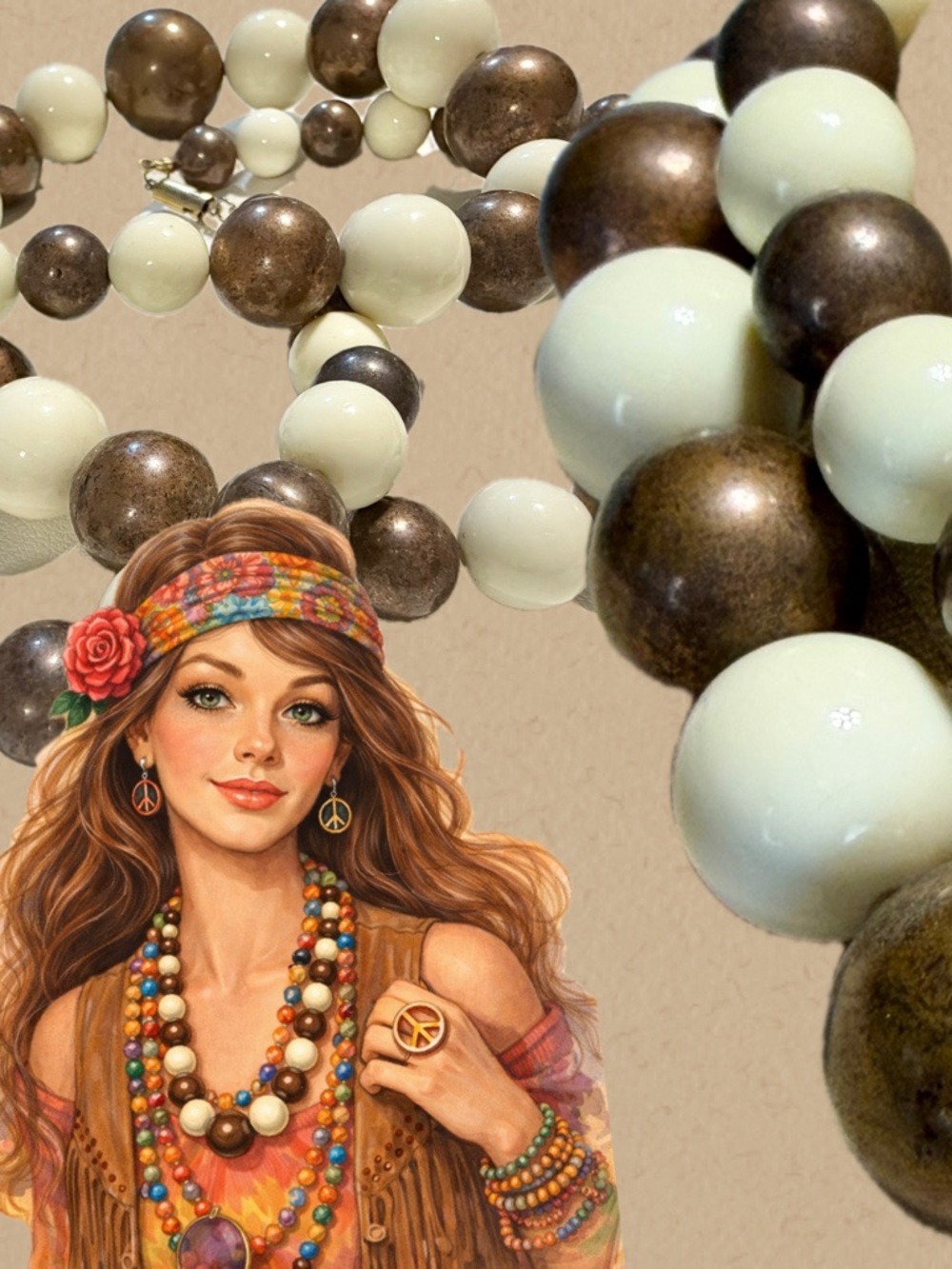 VINTAGE chunky bead necklace earthy brown white wrap choker 28” MCM hippie boho